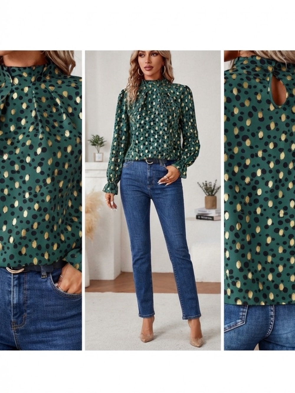 SHEIN Clasi Gold Dot Print Flounce Sleeve Blouse size S new without tag